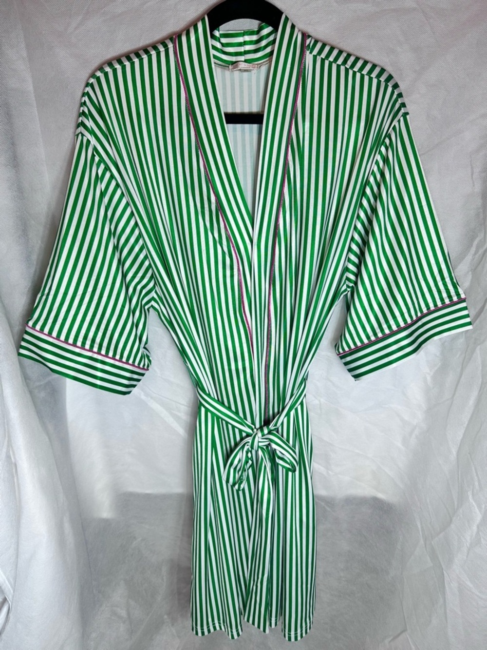 NWOT-Green & White Striped Women's Robe with Pink Contrast Trim